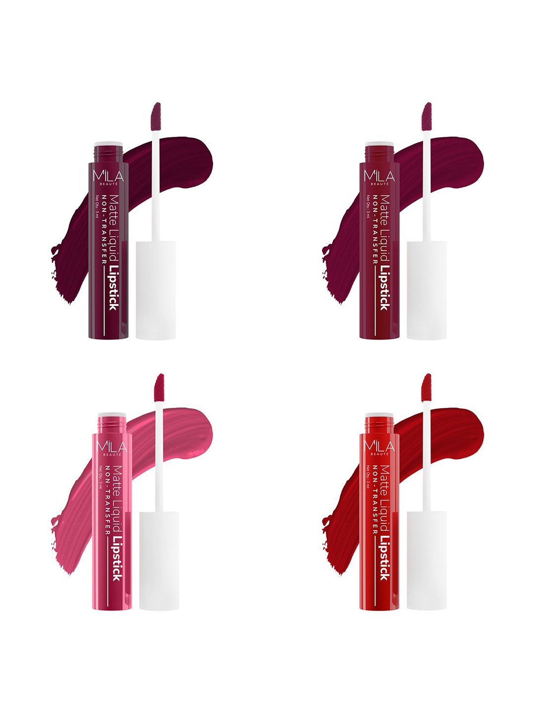 

MILA BEAUTE Set Of 4 Non Transfer Long Lasting Matte Liquid Lipstick- 3 ml Each, Red