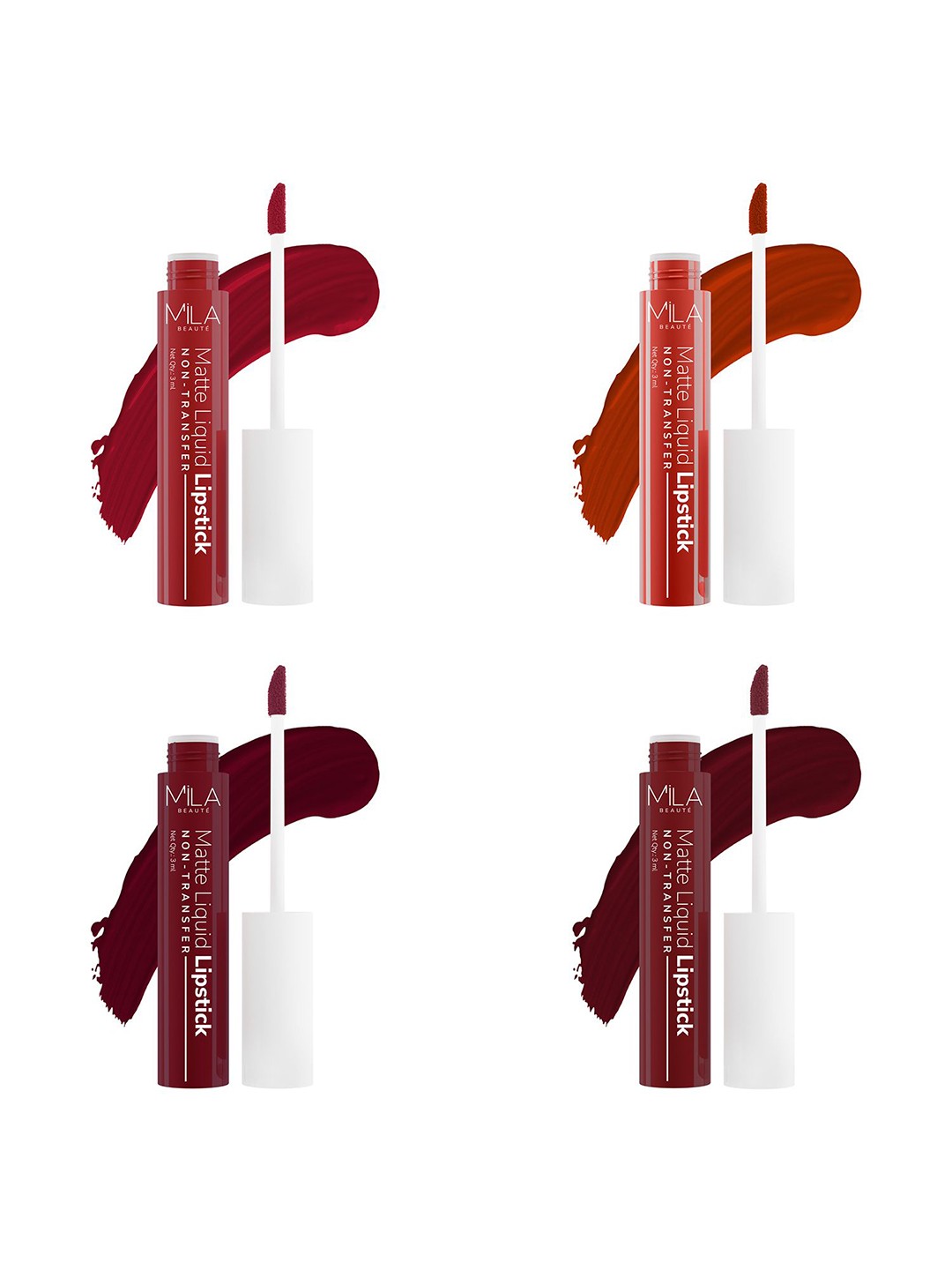 

MILA BEAUTE Set Of 4 Non Transfer Liquid Lipstick- 3 ml Each- Shade- 604 -602 -621 -608, Brown