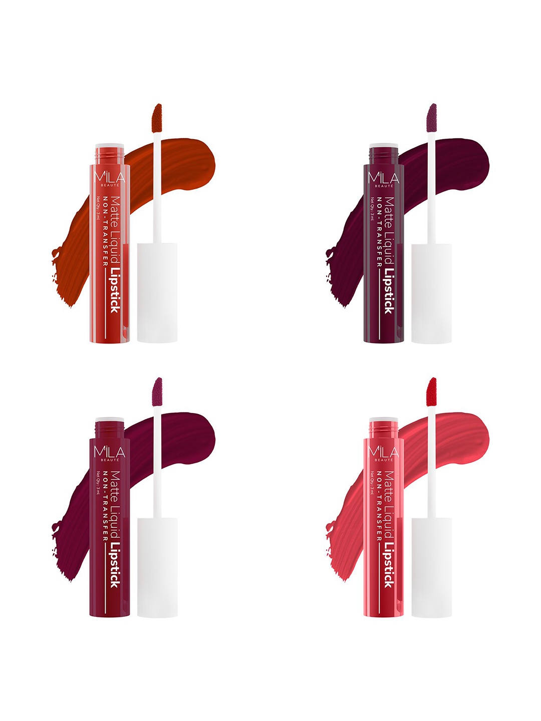 

MILA BEAUTE Set Of 4 Liquid Lipstick - 3ml Each- Ooh Lala- Glam Doll- Devotion- Baby Buff, Red