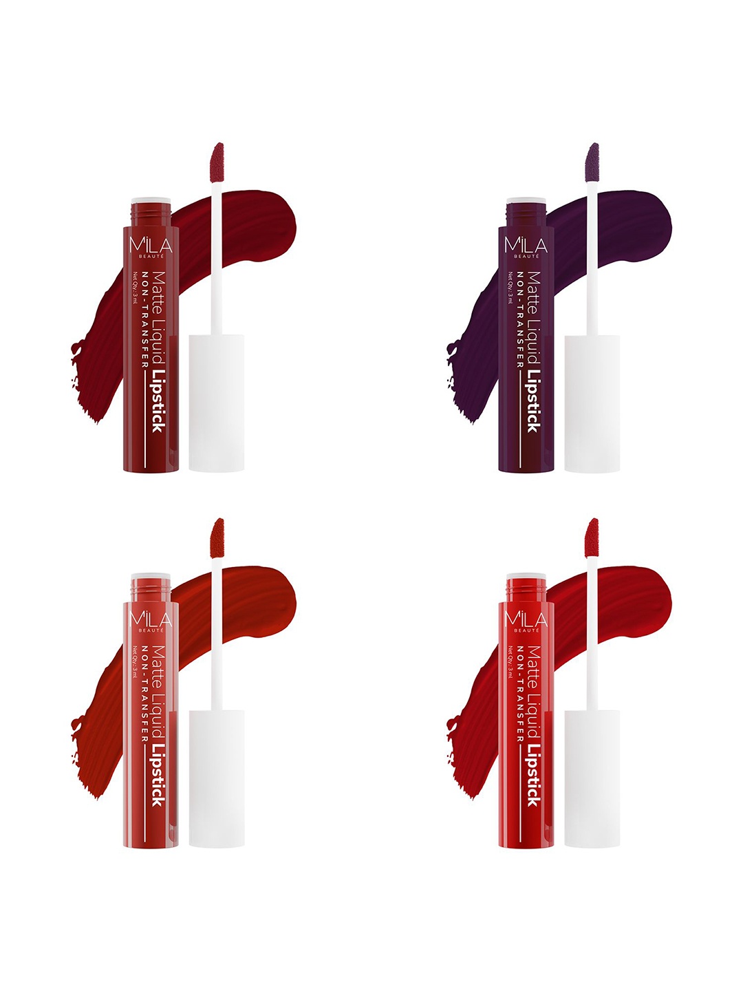 

MILA BEAUTE Set Of 4 Long Lasting Liquid Lipsticks - 3 ml Each - Shade 605 - 620 - 601-603, Purple