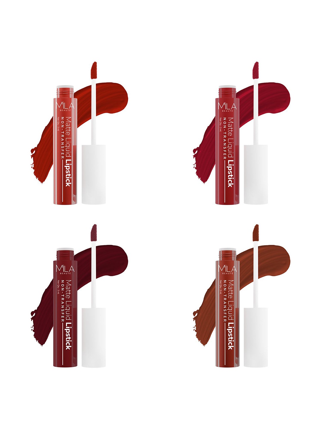 

MILA BEAUTE Set Of 4 Long Lasting Non Transfer Matte Liquid Lipstick - 3 ml Each, Maroon