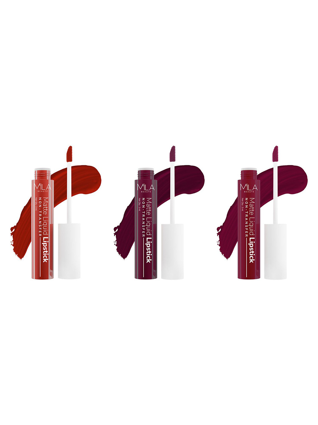 

MILA BEAUTE Set Of 3 Matte Liquid Lipstick - 3 ml Each- Noor Inayat- Glam Doll- Devotion, Red
