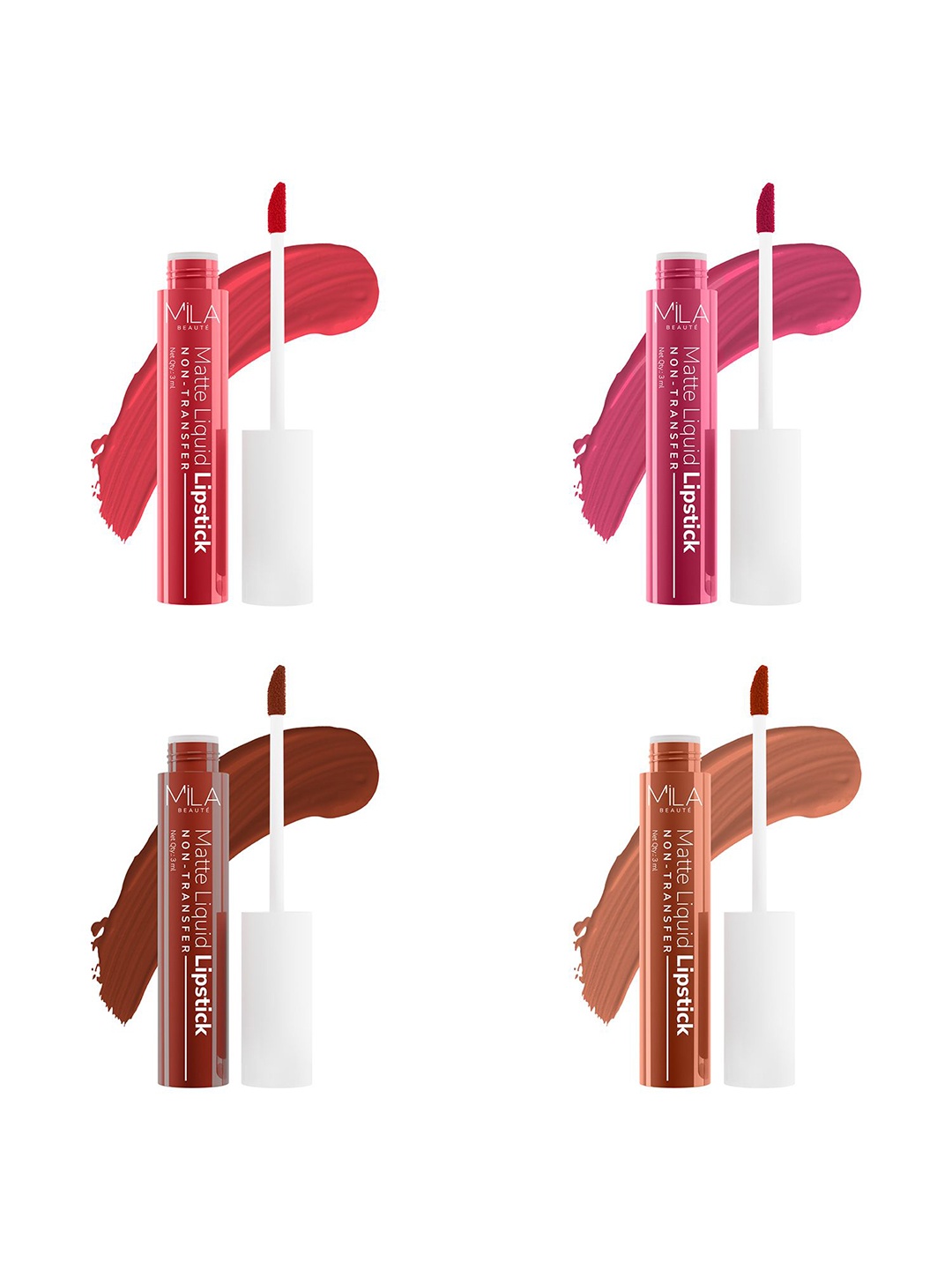 

MILA BEAUTE Set Of 4 Long Lasting Non Transfer Liquid Lipstick - 3 ml Each, Red