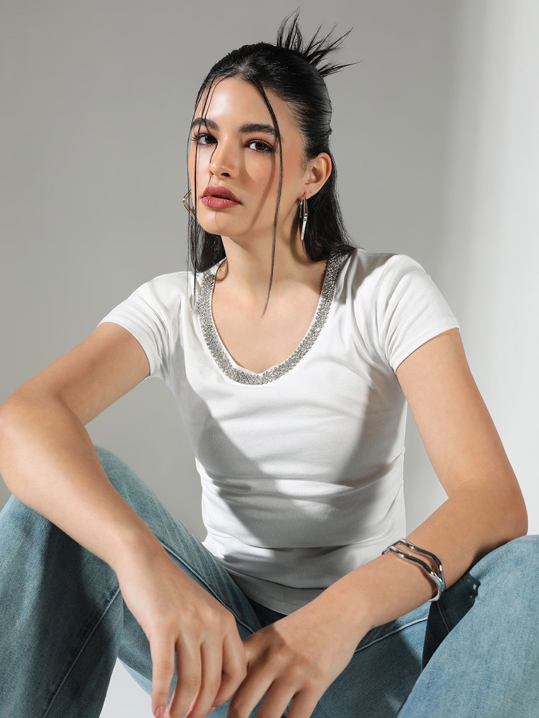 

SHOWOFF Women Studded Top, White