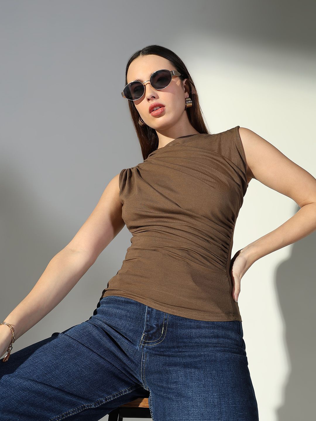 

SHOWOFF Women Cotton Boat Neck Sleeveless Fitted Top, Olive