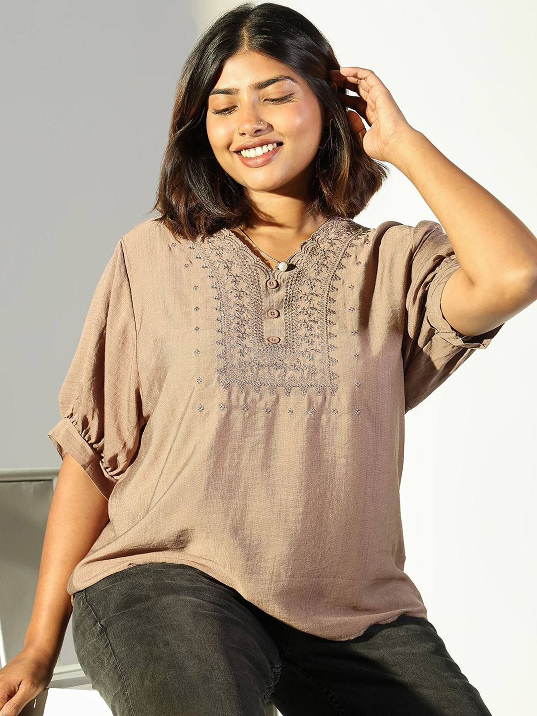 

SHOWOFF Women Embroidered Puff Sleeve Top, Brown