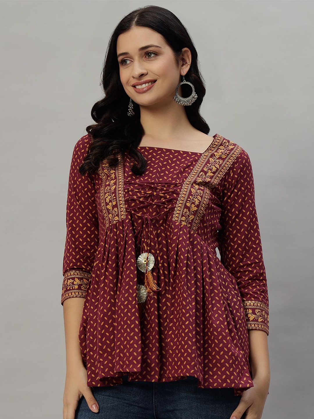 

KBZ Women Ethnic Printed Square Neck Foil Print Kurti, Maroon
