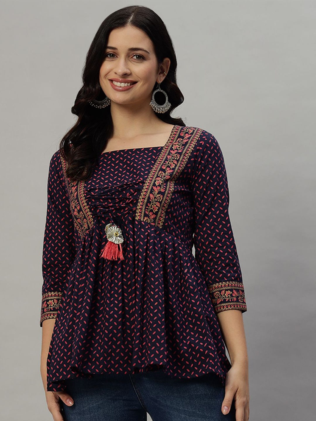 

KBZ Women Ethnic Motifs Printed Cotton Peplum Top, Navy blue