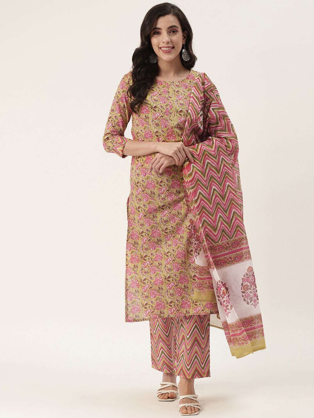 

KBZ Floral Printed Pure Cotton Straight Kurta with Trousers & Dupatta, Yellow
