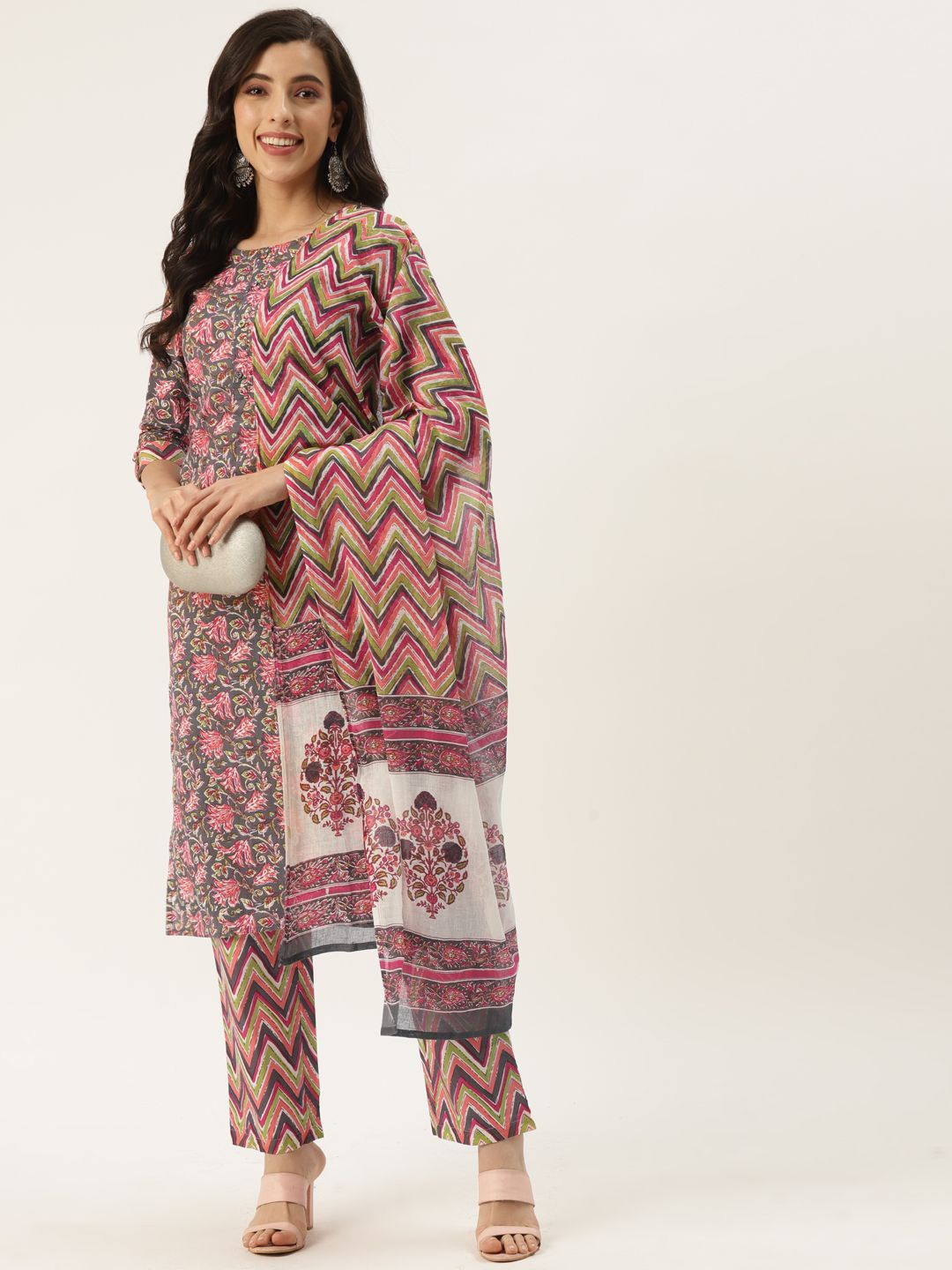 

KBZ Round Neck Floral Printed Pure Cotton Straight Kurta With Trouser & Dupatta, Grey