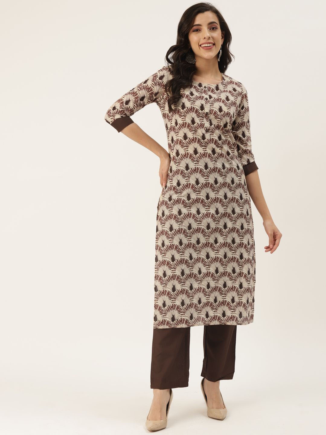 

KBZ Round Neck Ethnic Motifs Printed Pure Cotton Straight Kurta with Trousers, Beige