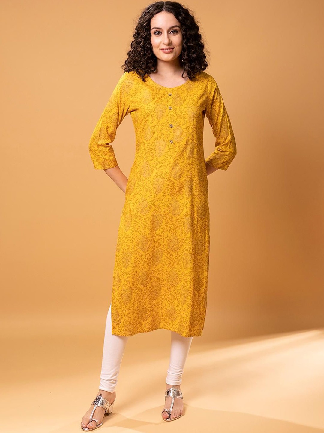 

KBZ Floral Printed Round Neck Regular Sleeves Machine Weave Straight Kurta, Yellow