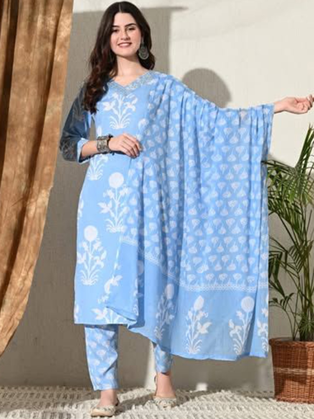 

KBZ V-Neck Floral Printed Mirror Work Pure Cotton Straight Kurta With Trousers & Dupatta, Blue