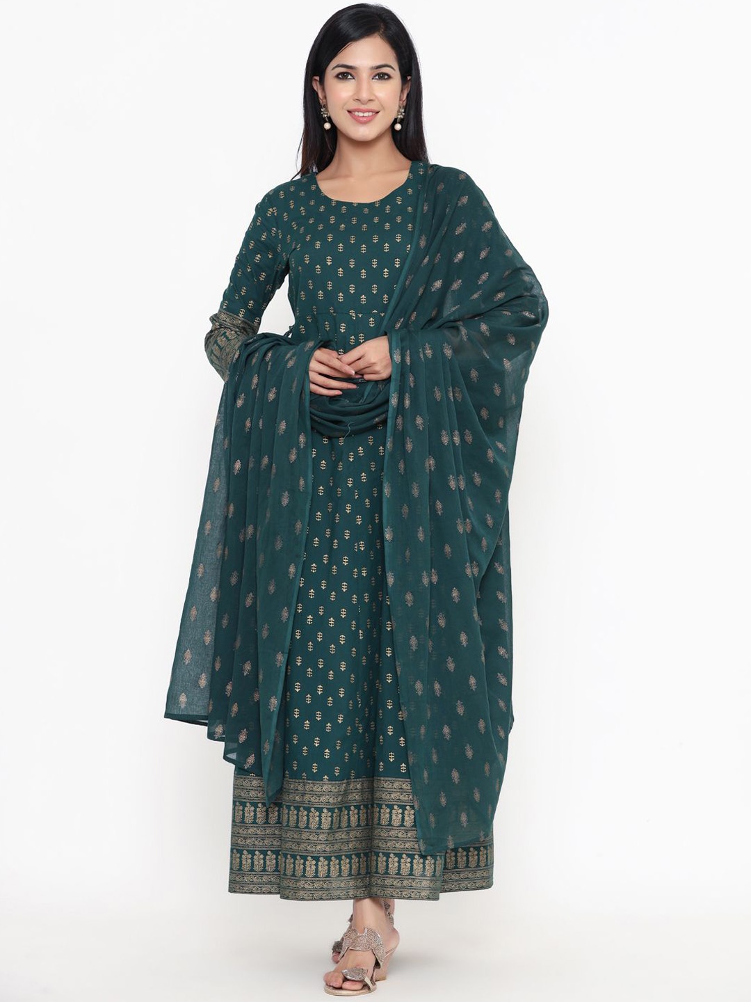 

KBZ Floral Printed Round Neck Regular Sleeves Machine Weave Anarkali Kurta & Dupatta, Green
