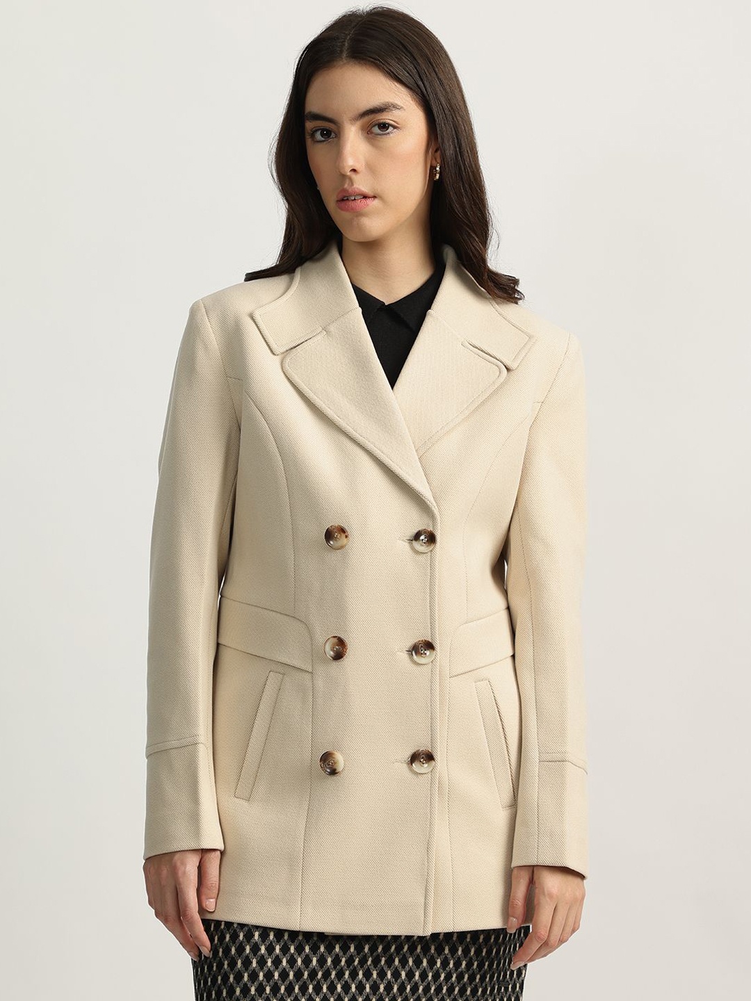 

ELLE Women Notched Lapel Collar Full Sleeves Double-Breasted Overcoat, Beige
