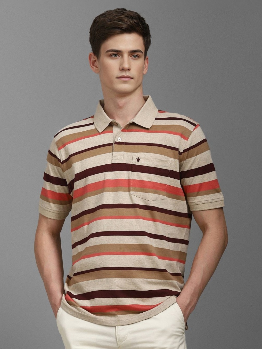 

Louis Philippe Men Striped Polo Collar Cotton T-shirt, Beige