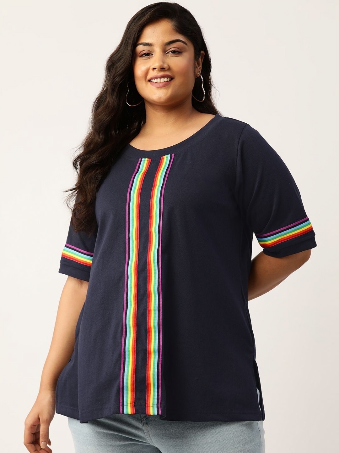 

theRebelinme Women Plus Size Striped Round Neck Cotton T-shirt, Navy blue