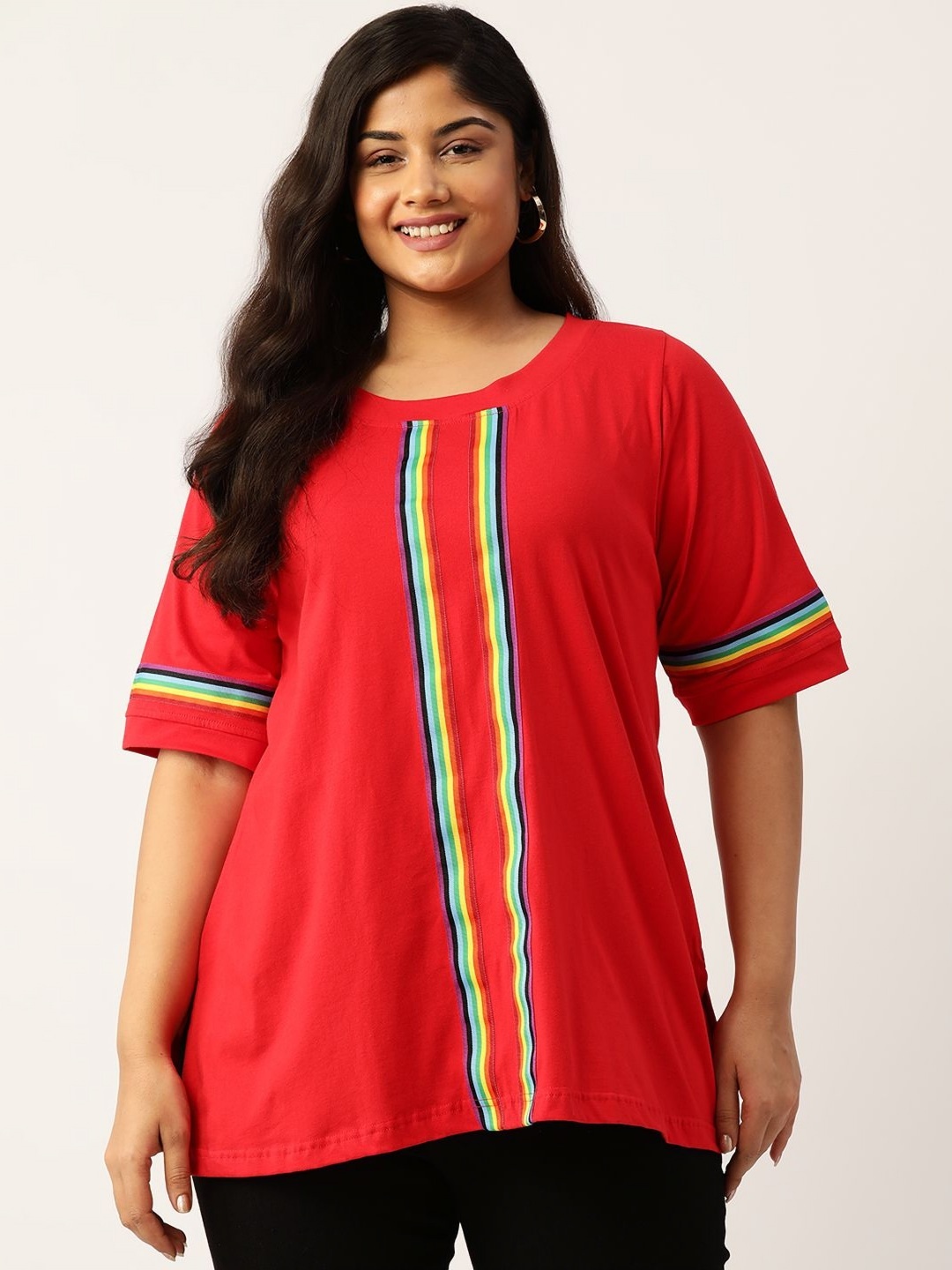 

theRebelinme Women Plus Size Striped Round Neck Cotton T-shirt, Red