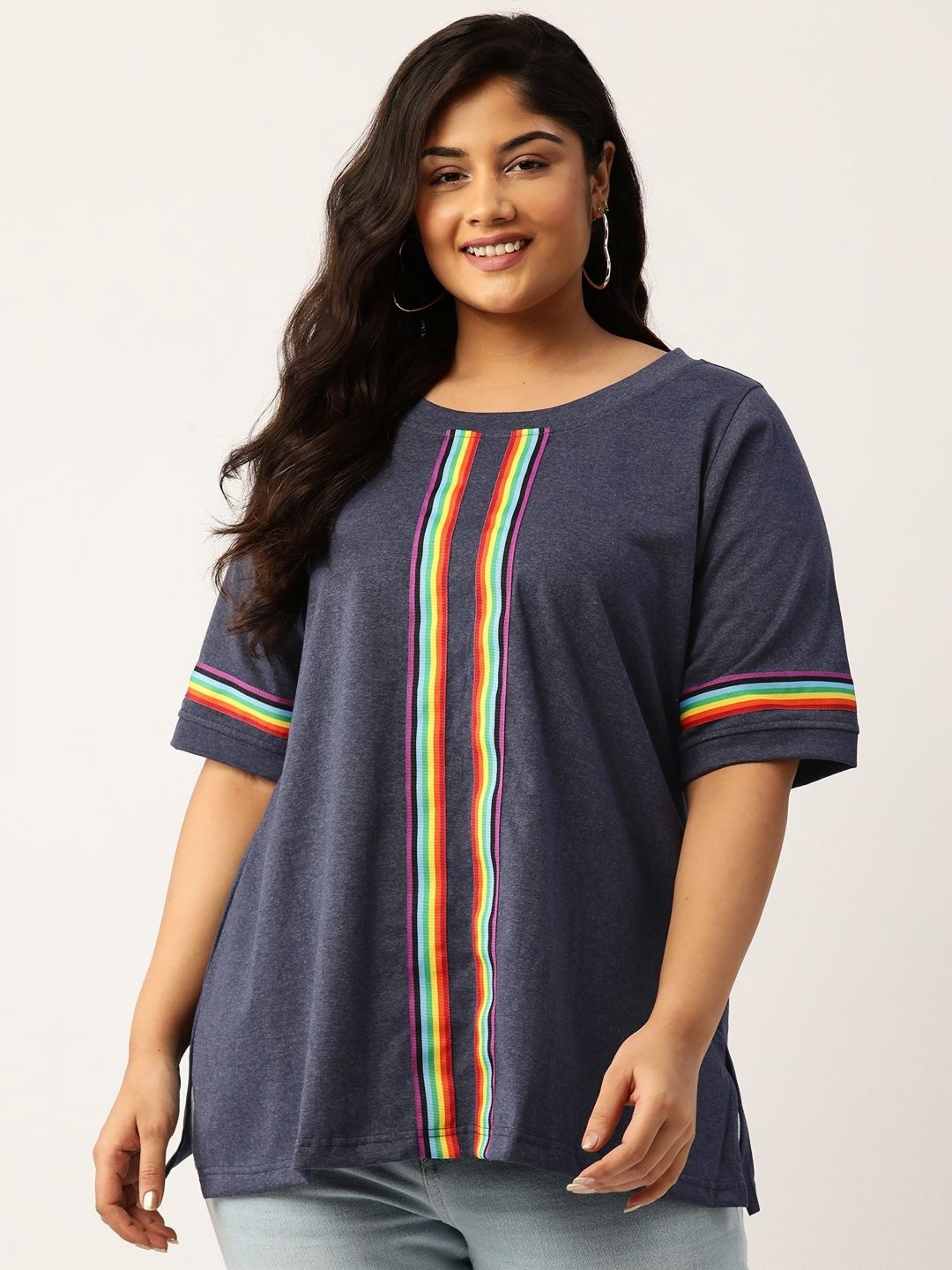 

theRebelinme Women Plus Size Striped Round Neck Cotton T-shirt, Blue