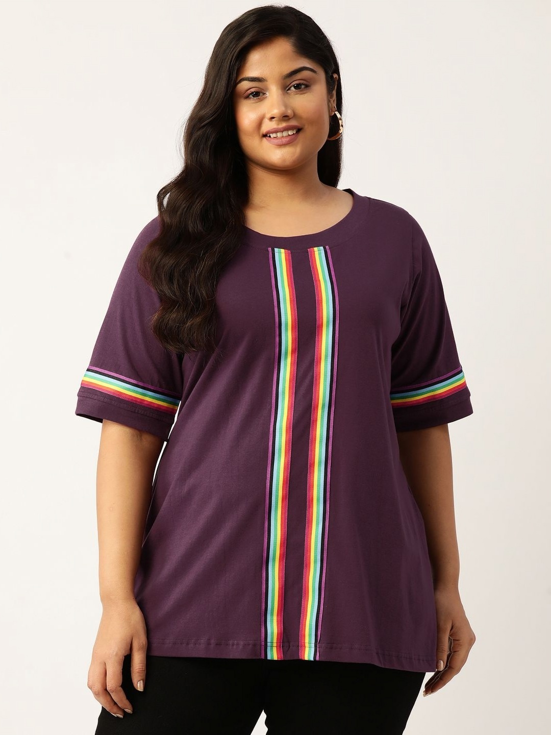 

theRebelinme Women Plus Size Striped Round Neck Cotton T-shirt, Navy blue