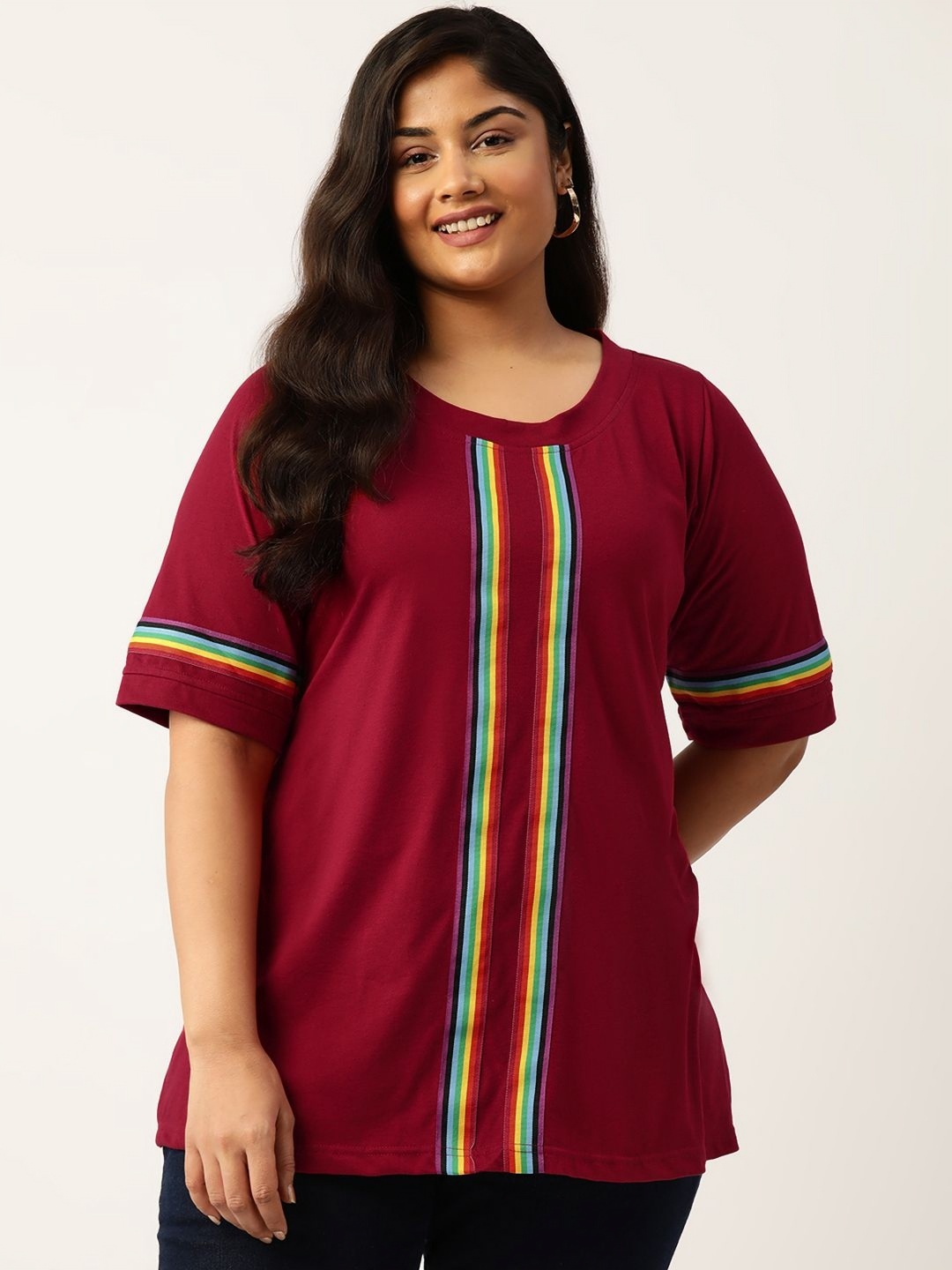 

theRebelinme Women Plus Size Striped Round Neck Cotton T-shirt, Maroon