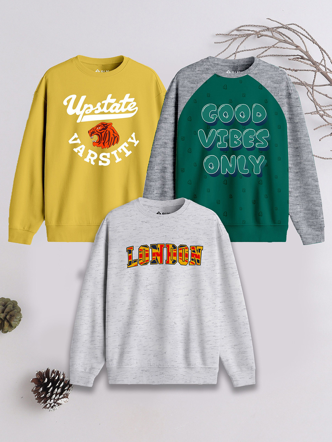 

3PIN Boys Pack of 3 Printed Pullover Sweatshirt, Yellow