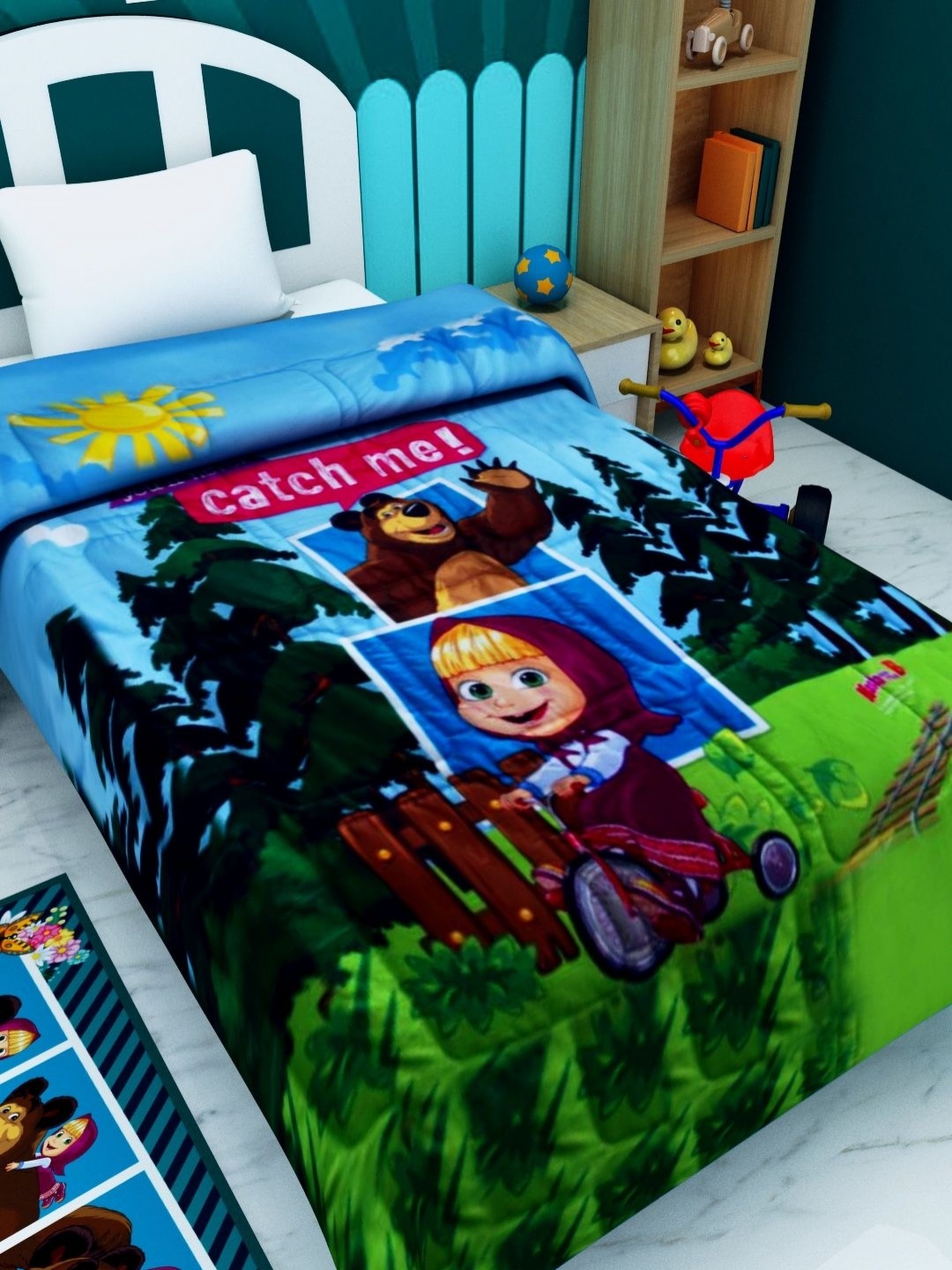 

Athom Living Green & Blue Masha The Bear Printed 350 GSM Single Bed Blanket