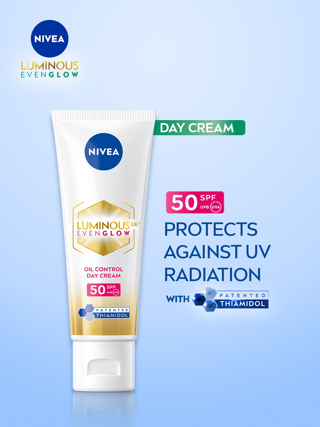

Nivea Luminous Even Glow Oil SPF50 Day Cream with Thiamidol for UV Protection & Dark Spots, White