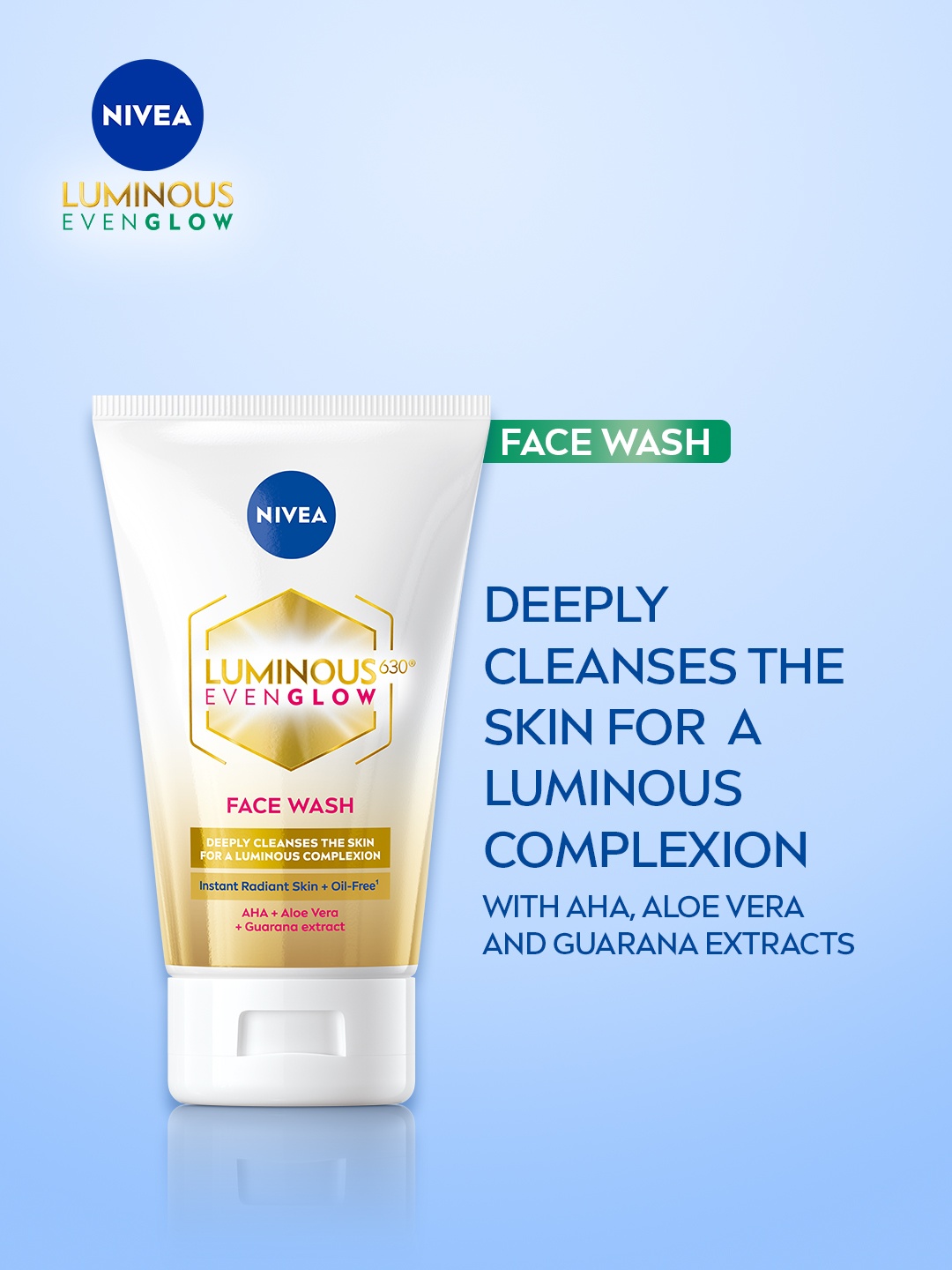

Nivea Luminous Even Glow Oil Free Face Wash with AHA & Aloe Vera for Deep Clean - 50 ml, White