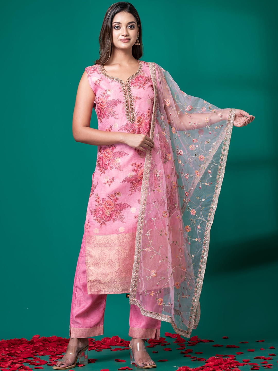 

SHREE BALAJI Floral Printed Regular Beads Work Kurta With Trouser With Dupatta, Pink