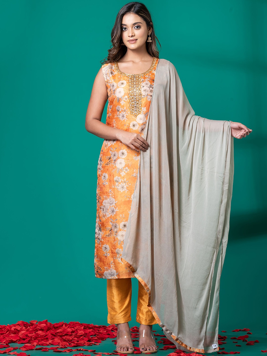 

SHREE BALAJI Floral Printed Regular Thread Work Straight Kurta With Trouser With Dupatta, Yellow