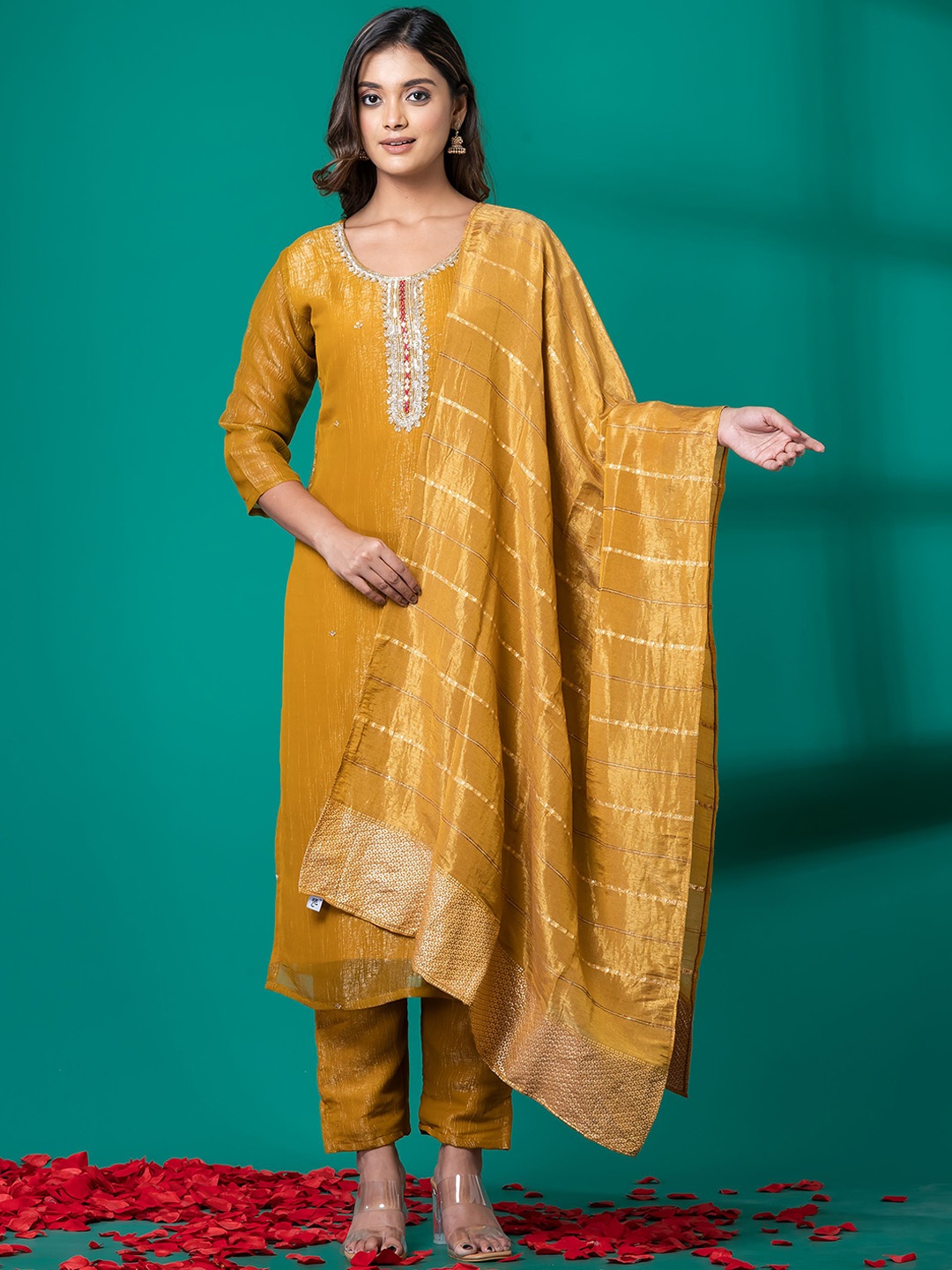 

SHREE BALAJI Floral Embroidered Regular Sequinned Kurta With Trouser With Dupatta, Yellow