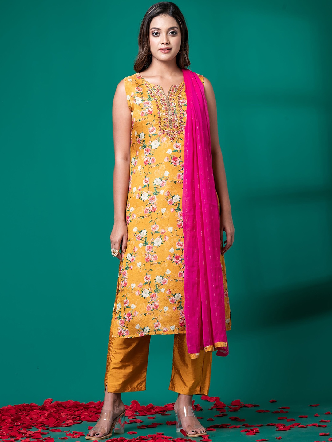 

SHREE BALAJI Floral Printed Regular Thread Work Straight Kurta With Trouser With Dupatta, Yellow