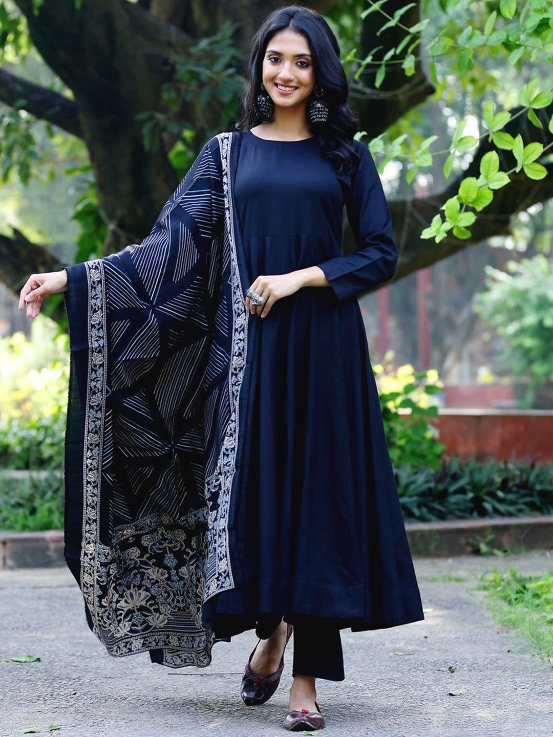 

Anni Designer Round Neck Anarkali Kurta With Trouser & Dupatta, Blue