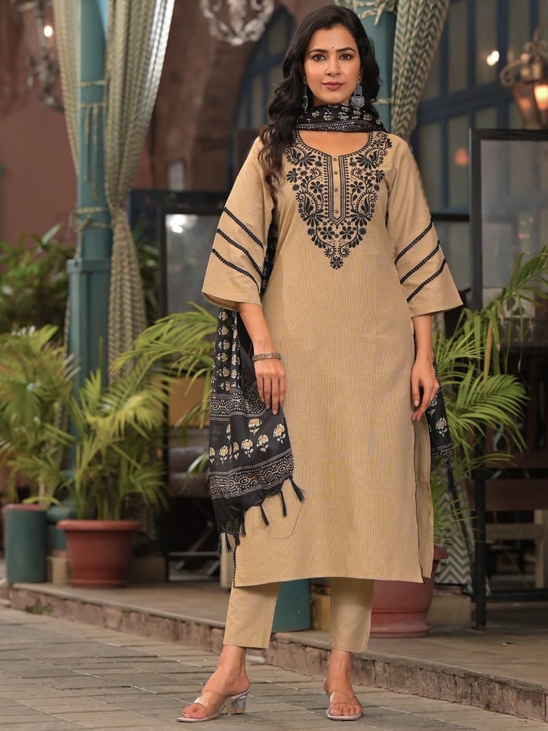 

Anni Designer Floral Embroidered Straight Kurta With Trouser & Dupatta, Beige