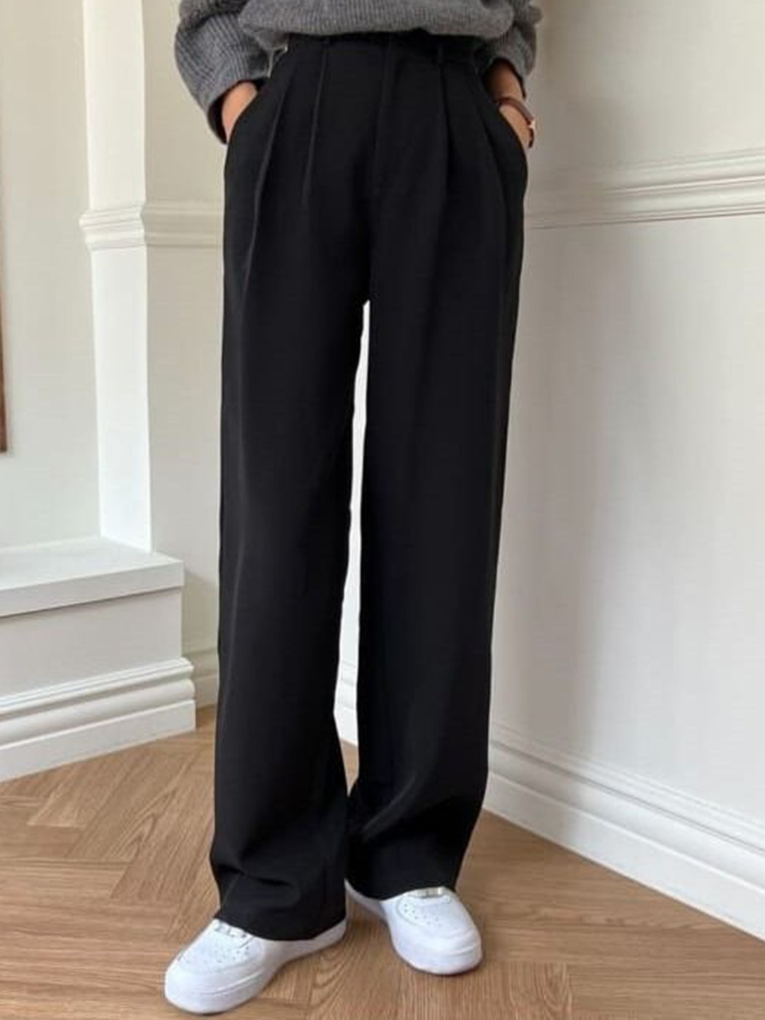 

BROADSTAR Women Smart Loose Fit High-Rise Easy Wash Pleated Korean Pants, Black