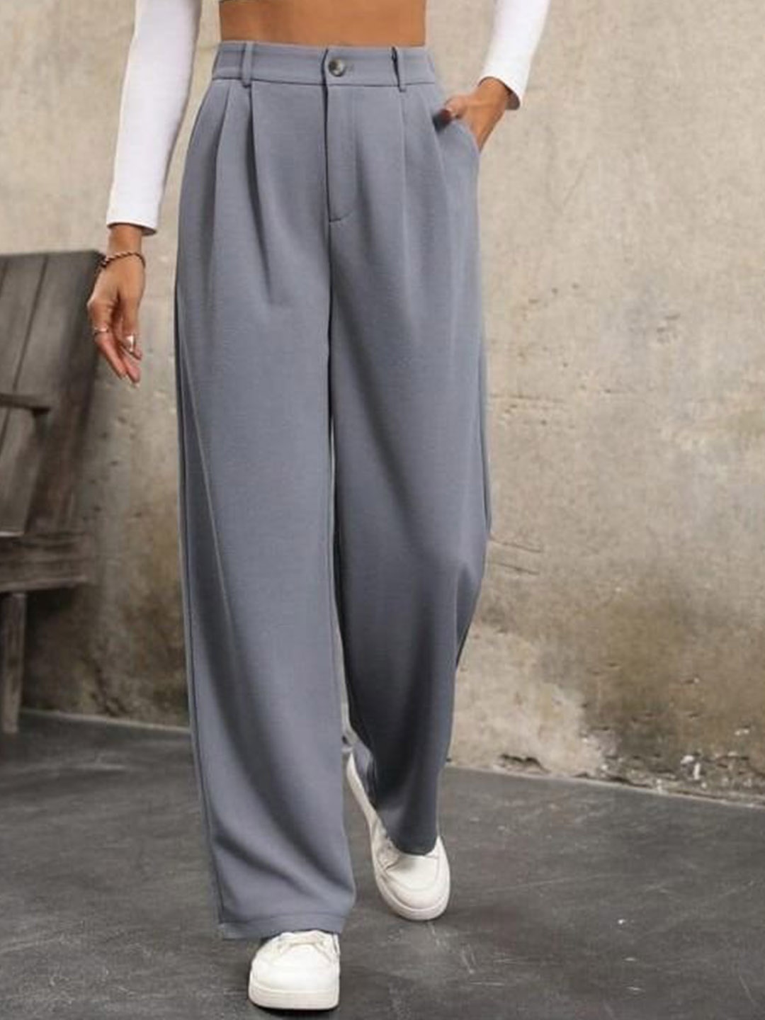 

BROADSTAR Women Smart High-Rise Pleated Korean Pants, Grey