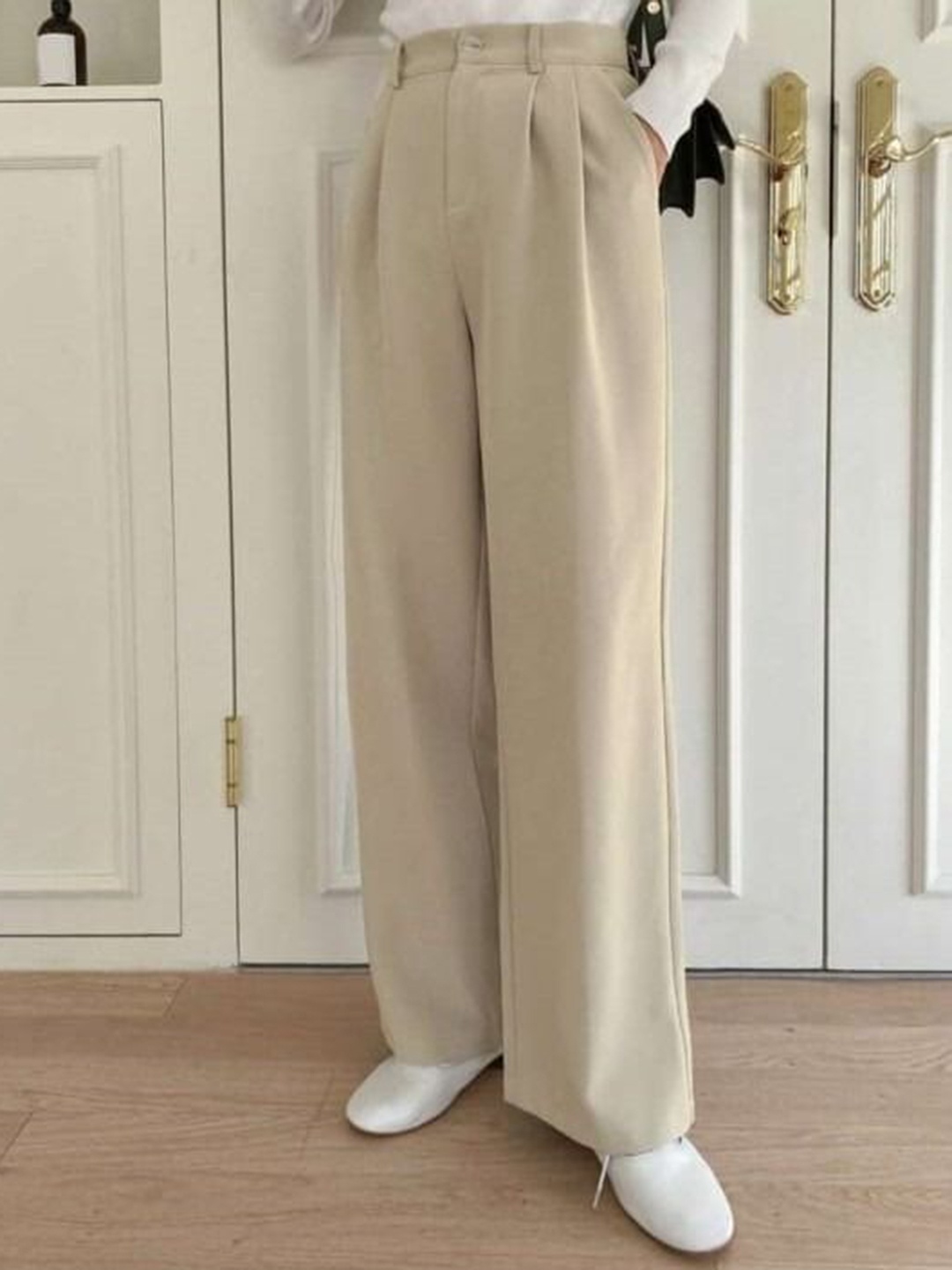 

BROADSTAR Women Smart High-Rise Pleated Korean Pants, Beige