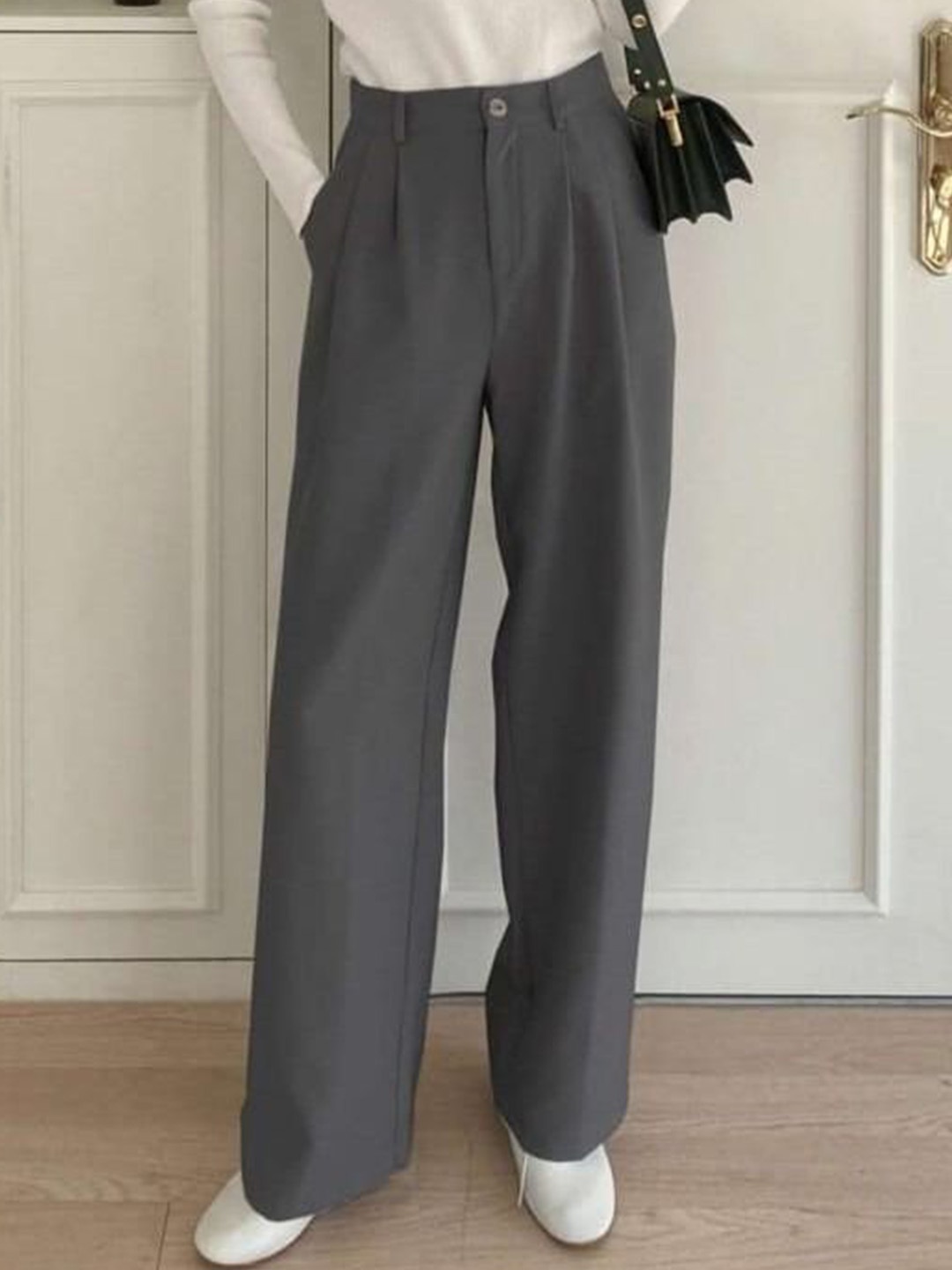 

BROADSTAR Women Smart High-Rise Pleated Korean Pants Trousers, Grey