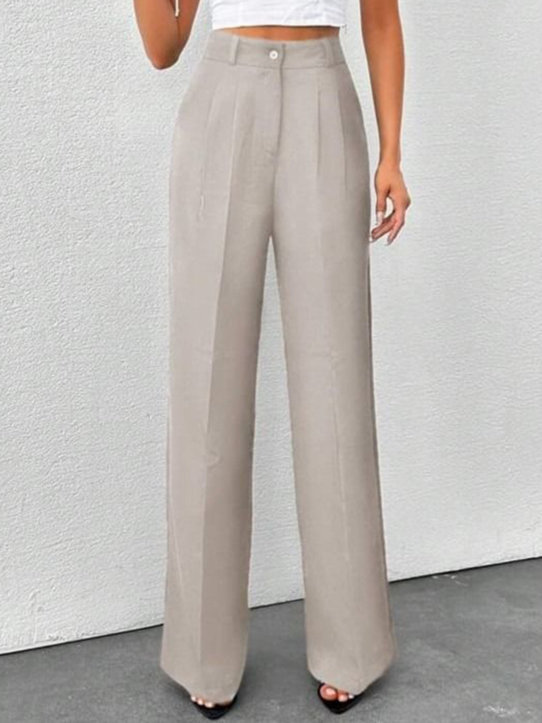 

BROADSTAR Women Smart Loose Fit High-Rise Easy Wash Pleated Korean Pants, Beige