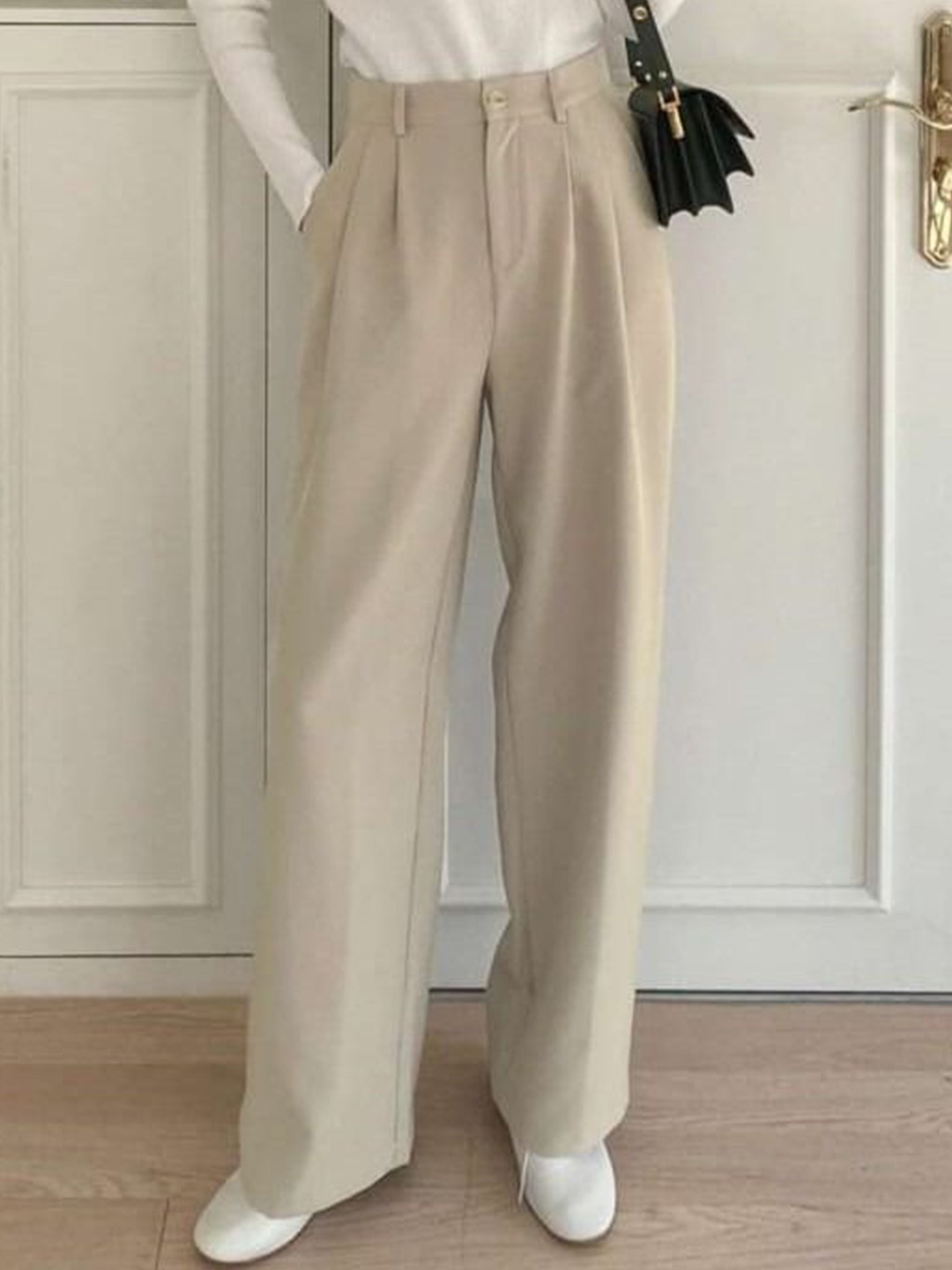 

BROADSTAR Women Smart Loose Fit High-Rise Easy Wash Pleated Korean Pants, Beige