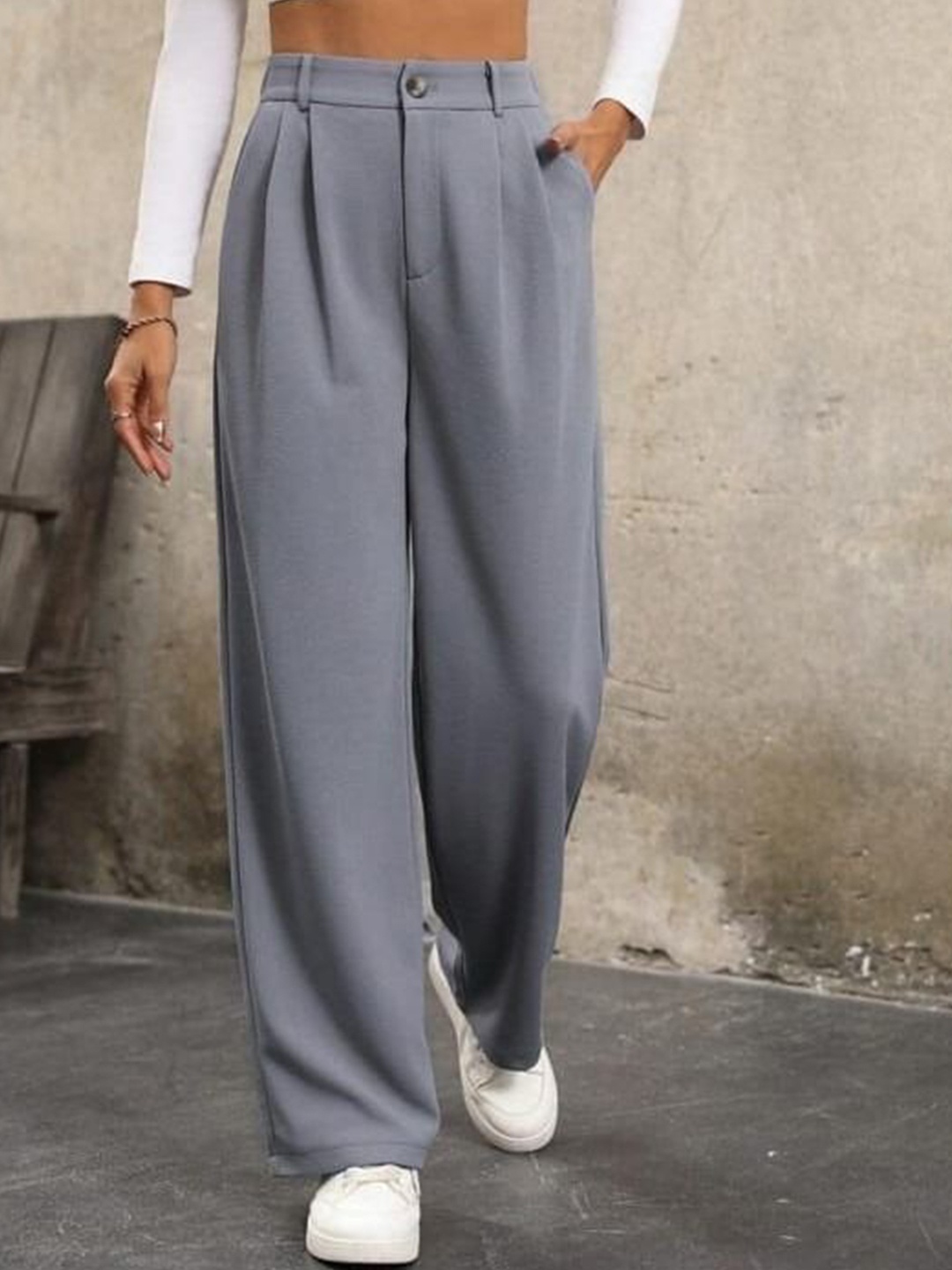 

BROADSTAR Women Smart High-Rise Easy Wash Pleated Korean Pants Trousers, Grey