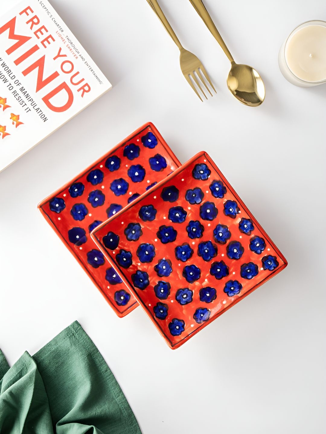 

Eyaas Red & Blue 2 Pieces Handcrafted Ceramic Glossy Square Food Platters