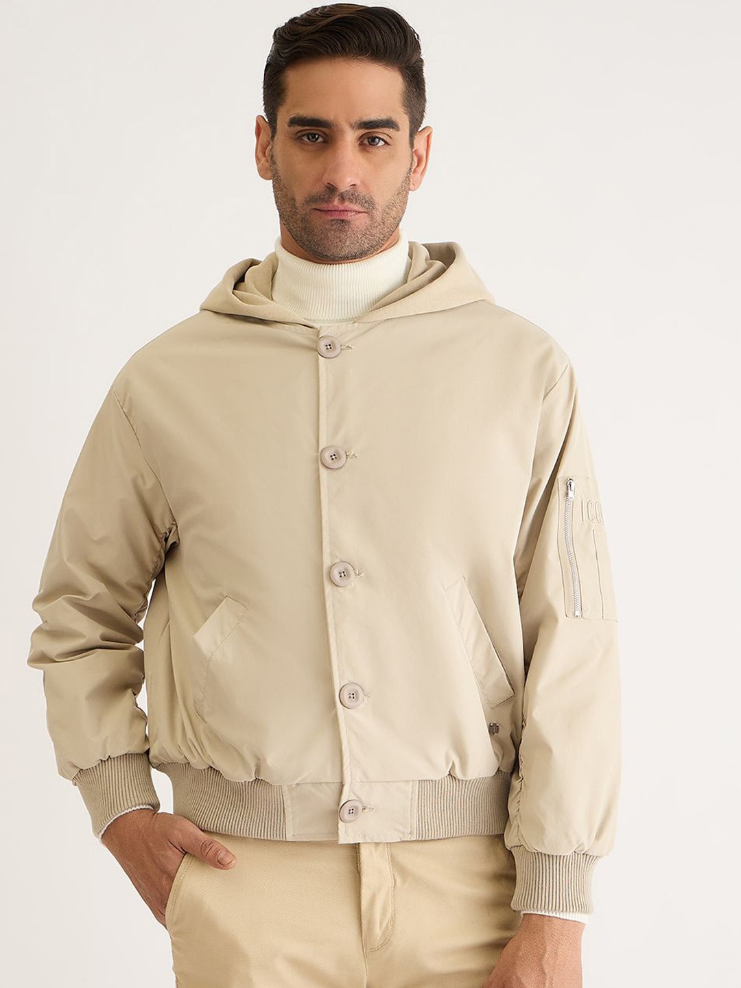 

Iconic Men Hooded Solid Cotton Casual Bomber Jacket, Beige