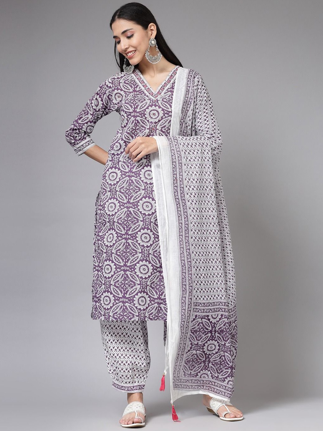 

KALINI Floral Printed V-Neck Straight Kurta With Trousers & Dupatta, Purple