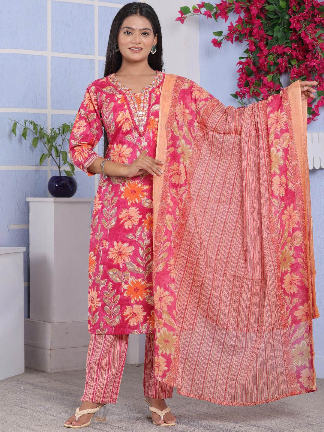 

KALINI Floral Embroidered A Line Kurta with Trousers & Dupatta, Pink