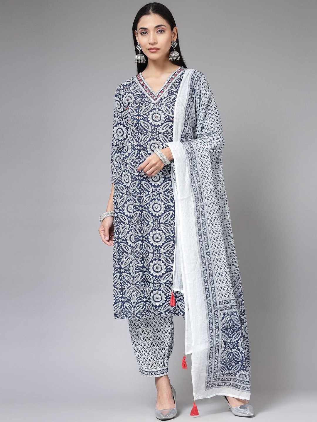 

KALINI Floral Printed V-Neck A-Line Kurta With Trousers & Dupatta, Blue