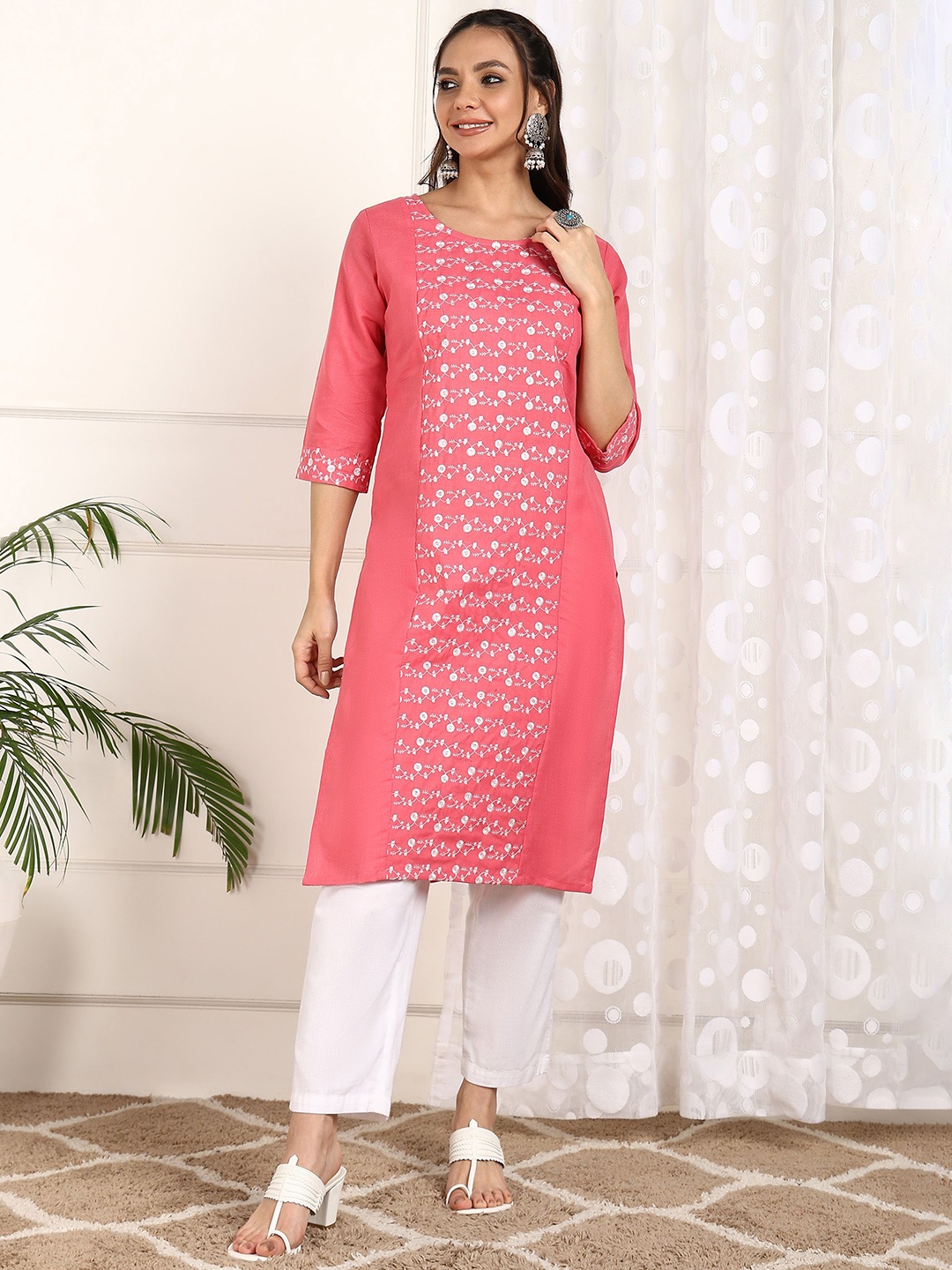 KALINI Floral Embroidered Cotton Straight Kurta, Pink