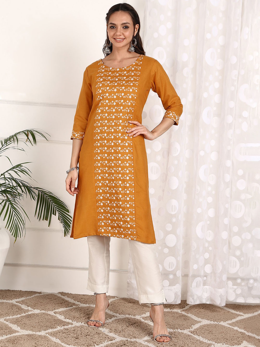 

KALINI Floral Embroidered Cotton Straight Kurta, Mustard