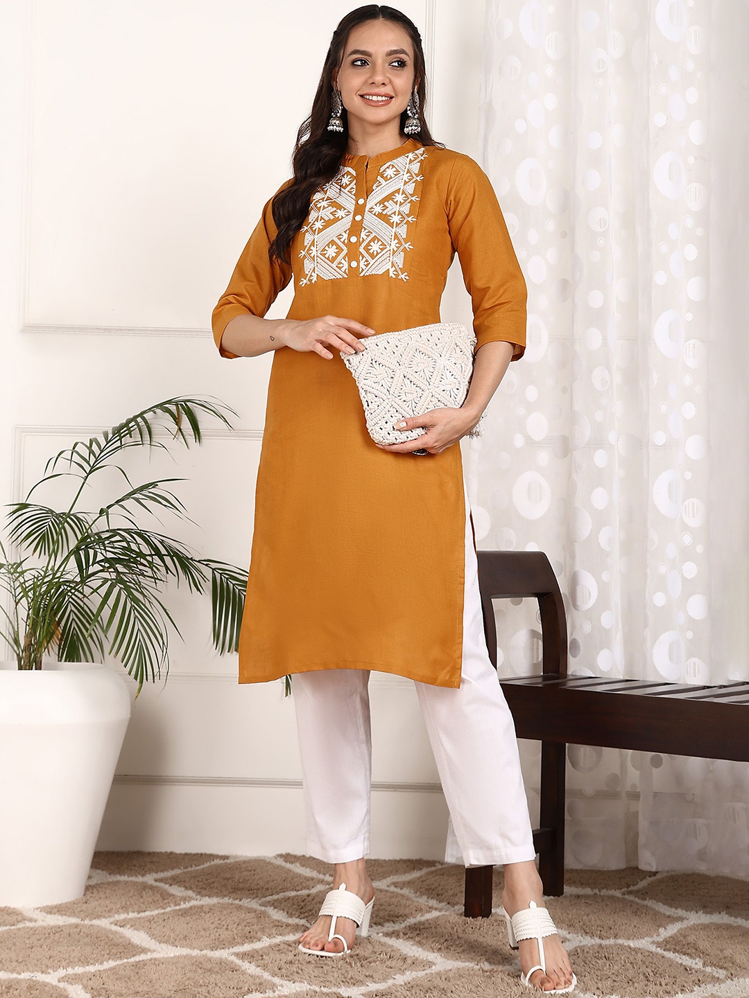 

KALINI Geometric Embroidered Cotton Straight Kurta, Mustard